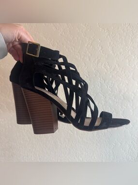 Just Fab | black strappy wedge heel sandals | 8